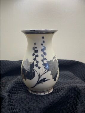 Vintage RW Bavaria porcelain vase with silver overlay floral design.